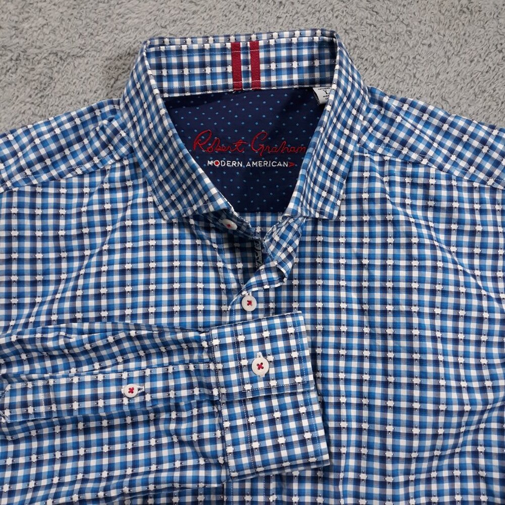 Robert Graham Modern Americana Button Up Shirt Mens L Tailored Fit Blue Stretch